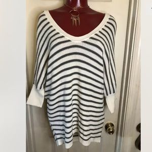 EXPRESS Striped Gray White Sweater 100% Cotton Dolman 3/4 Sleeves Women's Sz M